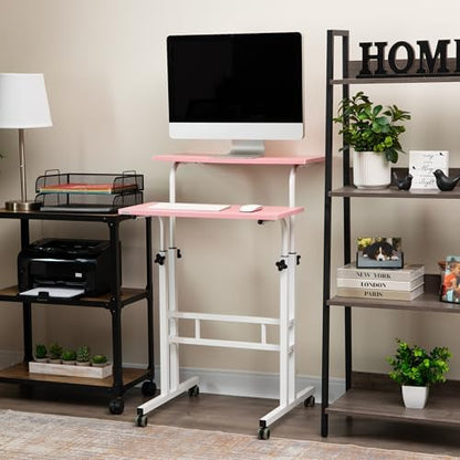 Mind Reader Standing Desk, Adjustable Height Laptop Workstation, Portable Rolling Desk on Wheels, Two-Tier Metal Frame, Pink
