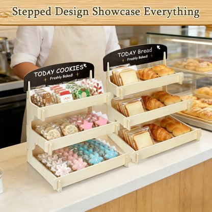 Wooden Cookie Display Stand with Chalkboard Sign for Market Booths, Craft Fairs & Events 3- Tier Cookie Display for Bakers & Vendors to Show Cupcakes, Bread, Muffins & Pastries