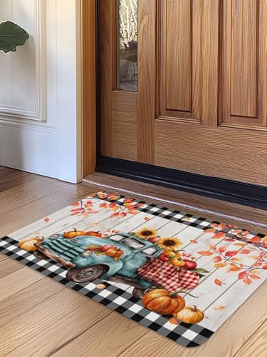 Fall Door Mat Harvest Pumpkin Teal Truck Doormat Sunflower Maple Leaves Wood Plaid Harvest Thanksgiving Welcome Mat Non Slip Entryway Front Rug Floor Mat for Indoor Outdoor Kitchen Autumn 18x30