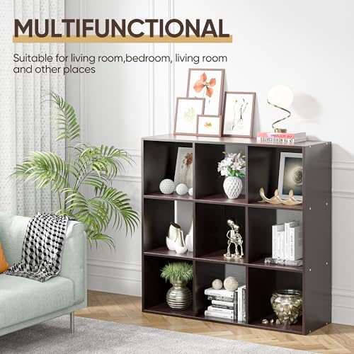 9 Cube Storage Organizer Wooden Display Storage Shelf W/5 Removable Back Panels&11 inch Opening Shelf, Customizable Cubby Bookcase Cabinet Bookshelves for Office, Living Room and Bedroom, Dark Brown