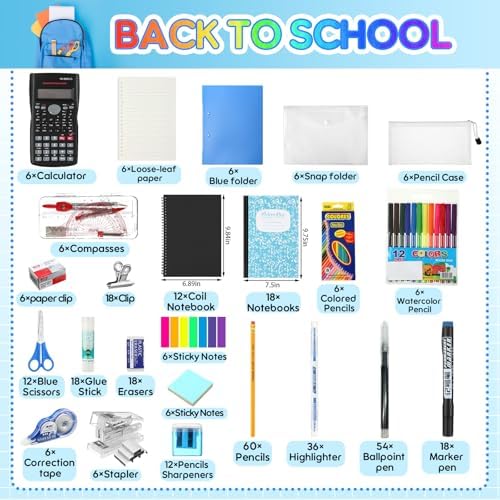 Gilprop 816 Pcs Middle High School Supplies Kit 6 Sets Back to School Supplies for Kids Middle High College Bundle Essential Stuff Bulk Stapler Notebook Calculator for Student Teen Classroom