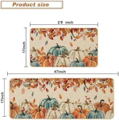 Baccessor Fall Kitchen Rugs Set of 2, Blue Pumpkin Leaves Kitchen Mats for Floor Washable Low-Profile Farmhouse Autumn Holiday Home Indoor Outdoor Decor 17x29 and 17x47 Inch