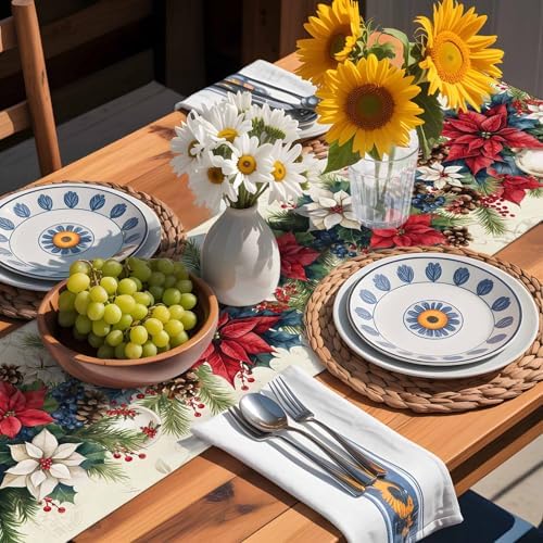 Christmas Poinsettia Table Runner Dresser Scarf 13 x 36 Inch Red Flower Holly Berries Xmas Ball Beige Table Runners Non-Slip Heat Resistant Kitchen Dining Table Decor for Home Holidays Indoor Outdoor