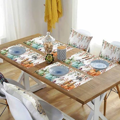 Fall Thanksgiving Placemat, Autumn Pumpkins Eucalyptus Leaves Heat Resistant Washable Dining Table Mats Fall Holiday Farmhouse Decor for Kitchen&Linens Outdoor Indoor, Blue Sage Green Orange