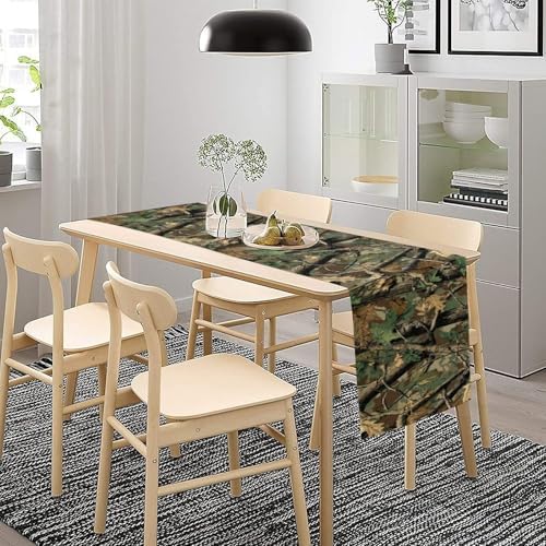 Forest Camouflage Table Runner, Camo Conifer Oak Branches Leaves Military Mossy Lodge Country Camp Cabin Theme Dinner Table Runner for Home Kitchen Dining Table Decoration 13"x70"