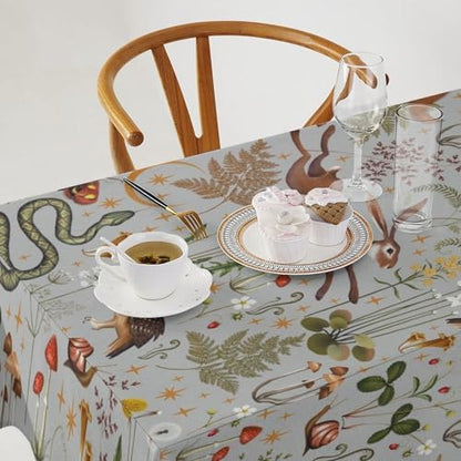 Woodland Animal Tablecloth, Grey Country Forest Hare Squirrel Owl Snake Snail Flowers Mushroom Print Table Cover for Picnic Party Holiday Home Kitchen Dining Table Decor 55x75in