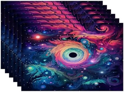 Batmerry Cosmic Swirls Stars Linen Placemats Set of 6, A Colorful Cosmic Scene Washable Table Mats for Kitchen Table Thickened Heat Insulation Dining Set Indoor Outdoor 12X18 in