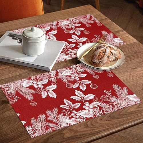 Red Christmas Placemats Set of 4, Floral Pine Leaf Xmas Balls Heat Resistant Washable Table Place Mats White Winter Holidays Cotton Table Linens Party Holiday Decor for Kitchen Dining Outdoor Indoor