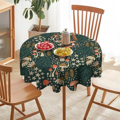 Mushroom Table Cloth, Vintage Woodland Summer Flowers Plants Forest Botanical Leaves Table Cover for Farmhouse Kitchen Dining Room Table Decor, 70x70in