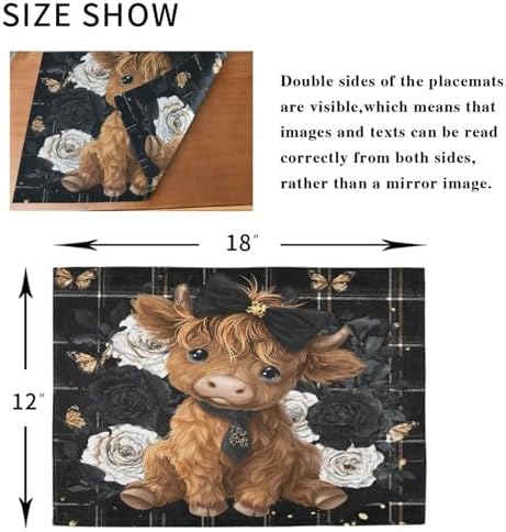 ALAZA Highland Cow Rose Butterfly Set of 4 Placemats Rectangle Table Mat for Dining Table Restaurant Kitchen Home Decor, 12" x 18"