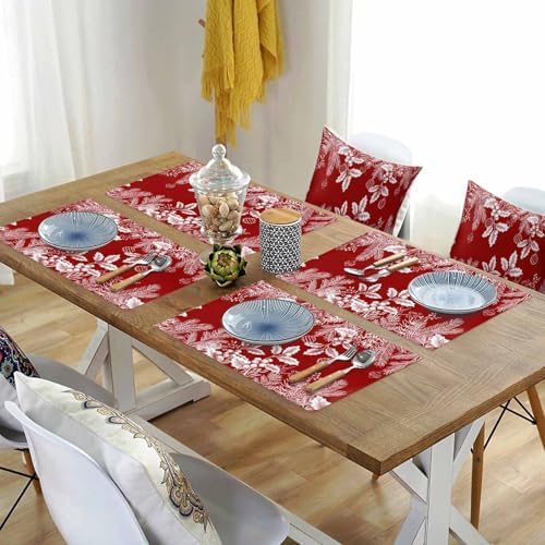 Red Christmas Placemats Set of 4, Floral Pine Leaf Xmas Balls Heat Resistant Washable Table Place Mats White Winter Holidays Cotton Table Linens Party Holiday Decor for Kitchen Dining Outdoor Indoor