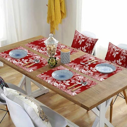 Red Christmas Placemats Set of 4, Floral Pine Leaf Xmas Balls Heat Resistant Washable Table Place Mats White Winter Holidays Cotton Table Linens Party Holiday Decor for Kitchen Dining Outdoor Indoor