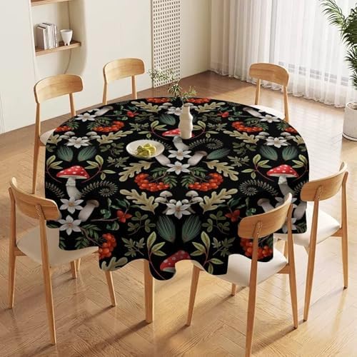 Autumn Mushroom Tablecloth, Rustic Vintage Farmhouse Mushrooms Fern Berries Leaves Botanical Print Table Cover for Outdoor Party Picnic Kitchen Dinning Table Decor, 50x50in