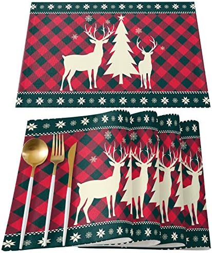 Christmas Trees Reindeer Elk Placemats Set of 6, Red Holiday Buffalo Checkered Plaid Cotton Line Stain Resistant Table Mats Washable Holidays Placemat Decoration For Kitchen Dining Table Farmhouse