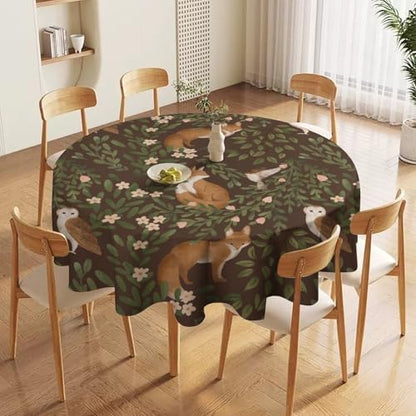 Woodland Animals Tablecloth, Rustic Forest Fox Owl Bird Green Plants Leaves Print Table Cover for Farmhouse Kitchen Dinning Indoor Outdoor Party Decor, 50x50in