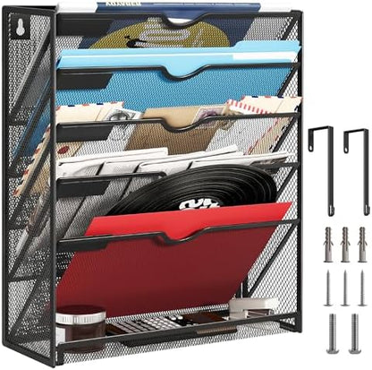 Lavatino 6-Tier Mesh Hanging Wall File Organizer with Hooks – No Installation Needed, Paper Mail Organizer Wall-Mounted File & Magazine folder Holder for Office and Home (Black)