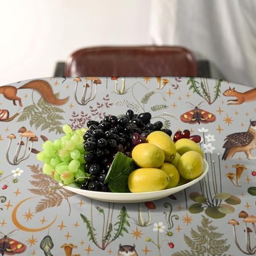 Woodland Animal Tablecloth, Grey Country Forest Hare Squirrel Owl Snake Snail Flowers Mushroom Print Table Cover for Picnic Party Holiday Home Kitchen Dining Table Decor 55x75in