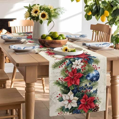 Christmas Poinsettia Table Runner Dresser Scarf 13 x 72 Inch Red Flower Holly Berries Xmas Ball Beige Table Runners Non-Slip Heat Resistant Kitchen Dining Table Decor for Home Holidays Indoor Outdoor