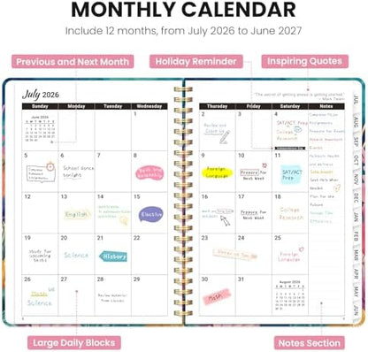 Academic Planner 2026-2027, Monthly and Weekly Calendar Planner, July 2026 - June 2027, Pretty Hardcover Teacher Student Planning Agenda Book with Tabs, Fit for School Office Supplies, 6.3" x 8.5", Coral Garden