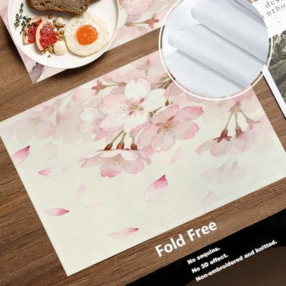 Batmerry Vintage Cherry Blossom Linen Placemats Set of 6, Delicate Watercolor Pink Flowers Washable Table Mats for Kitchen Table Thickened Heat Insulation Dining Set Indoor Outdoor 12X18 in