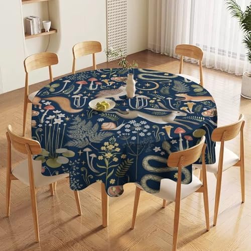 Fairy Forest Tablecloth, Retro Dark Blue Woodland Wildlife Owl Squirrel Print Rustic Flowers Mushrooms Table Cloth for Outdoor Picnic Home Dining Kitchen Table Decor, 50x50in