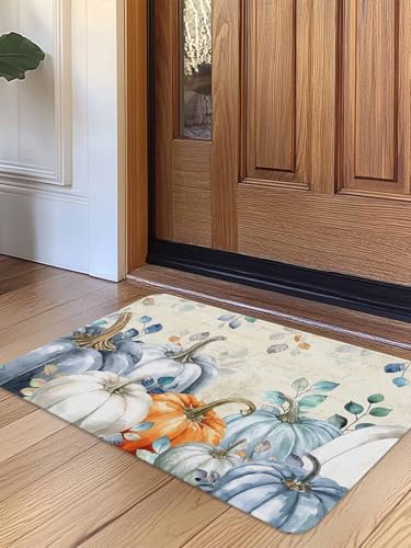 Fall Door Mat Blue Pumpkin Doormat Eucalyptus Leaves Branch Harvest Thanksgiving Welcome Mat Non Slip Rubber Entryway Front Rug Floor Mat for Indoor Outdoor Kitchen Autumn Holiday Home Decor 18x30