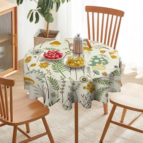 Wild Mushroom Tablecloth, Vintage Botanical Rustic Wildflower Herbs Plants Green Mushroom Table Cloth for Farmhouse Kitchen Dinning Room Picnic Parties Home Decor, 70x70in