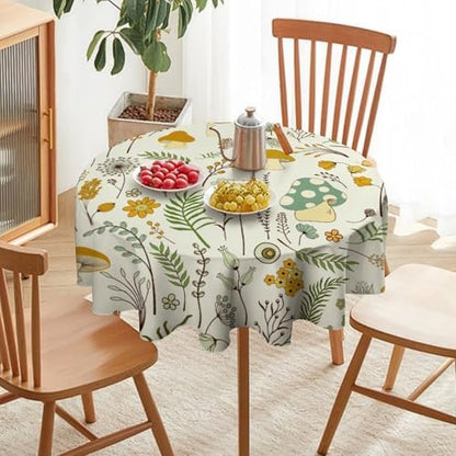 Wild Mushroom Tablecloth, Vintage Botanical Rustic Wildflower Herbs Plants Green Mushroom Table Cloth for Farmhouse Kitchen Dinning Room Picnic Parties Home Decor, 70x70in