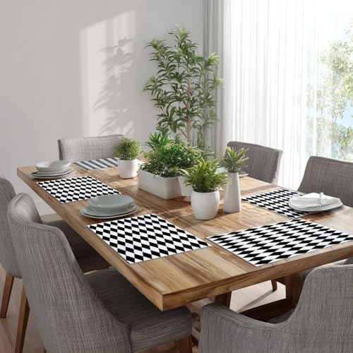 Batmerry Black White Diamond Linen Placemats Set of 4, Art Black and White Harlequin Washable Table Mats for Kitchen Table Thickened Heat Insulation Dining Set Indoor Outdoor 12X18 in