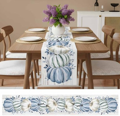 Fall Table Runner Blue Pumpkin Table Runners Harvest Thanksgiving White Blue Pumpkins Wooden Cotton Linen Dresser Scarf Kitchen Dining Table Decor for Autumn Holiday Party Coffee 13x48 Inch