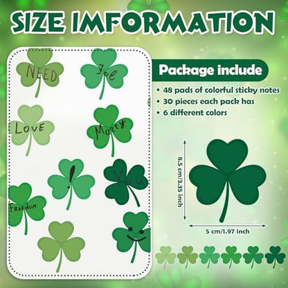 48 Pads 1440 Sheets Shamrock Sticky Notes St. Patrick's Day Note Pads Gifts Bulletin Board Decorations Stickers Self Adhesive Memo Pad