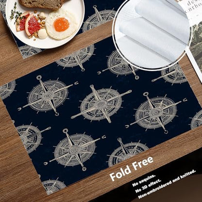 Batmerry Maritime Sailing Linen Placemats Set of 4, Oceanic Nautical Emblem Washable Table Mats for Kitchen Table Thickened Heat Insulation Dining Set Indoor Outdoor 12X18 in
