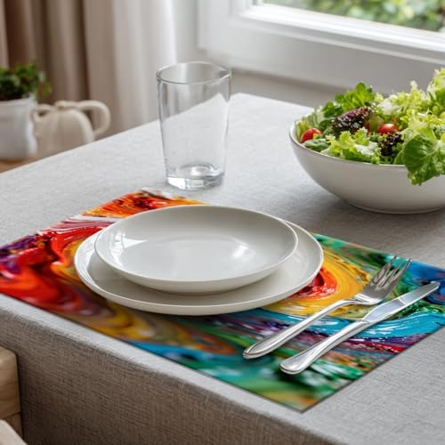 Batmerry Multicolor Abstract Art Linen Placemats Set of 8, Colorful Grunge Macro Closeup Washable Table Mats for Kitchen Table Thickened Heat Insulation Dining Set Indoor Outdoor 12X18 in