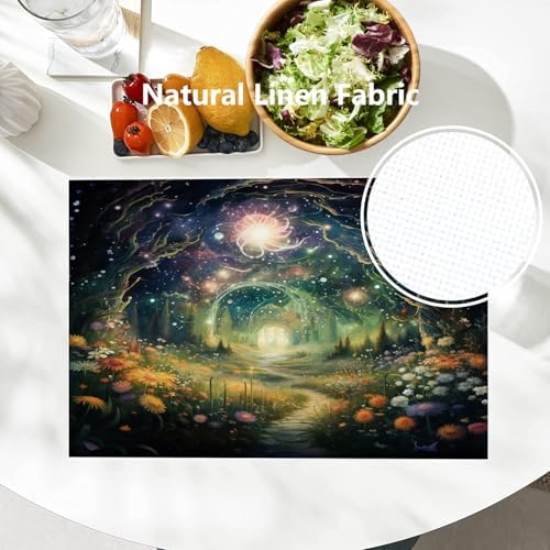 Batmerry Magical Forest Path Glowing Lights Linen Placemats Set of 4, A Mystical Forest At Night Washable Table Mats for Kitchen Table Thickened Heat Insulation Dining Set Indoor Outdoor 12X18 in