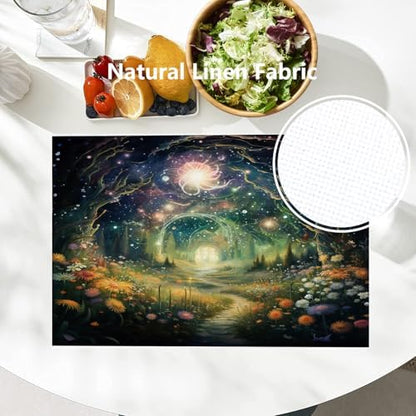 Batmerry Magical Forest Path Glowing Lights Linen Placemats Set of 4, A Mystical Forest At Night Washable Table Mats for Kitchen Table Thickened Heat Insulation Dining Set Indoor Outdoor 12X18 in