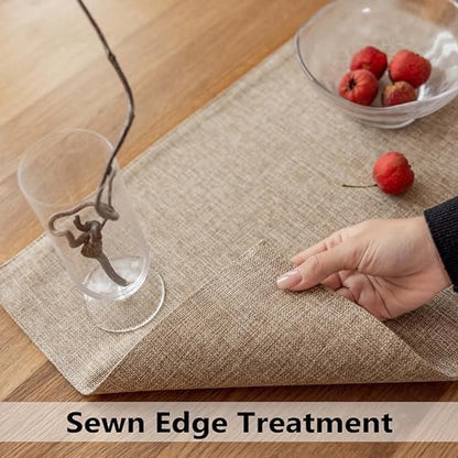 Demetex Linen Placemats Set of 6 Heat Resistant Wipeable Cloth Table Place Mats for Dining Table Indoor Restaurants, 13 x 19 inches, Linen