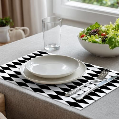 Batmerry Black White Diamond Linen Placemats Set of 8, Art Black and White Harlequin Washable Table Mats for Kitchen Table Thickened Heat Insulation Dining Set Indoor Outdoor 12X18 in