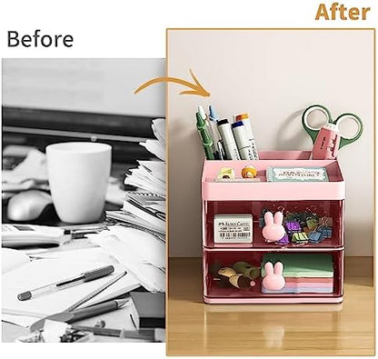 Marbrasse Small Desk Organizer with Drawer, Multi-Functional Pen Pencil Holder Storage Box, Desk Organizers and Accessories with 3 Compartments + 2 Drawer for Office Art Supplies(Pink)