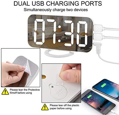 SZELAM Digital Clock Large Display, LED Electric Alarm Clocks Mirror Surface for Makeup with Diming Mode, 3 Levels Brightness, Dual USB Ports Modern Decoration for Home Bedroom Decor-White (001)