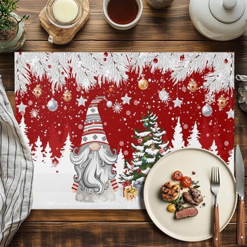 Christmas Gnome Placemats Set of 6, Winter Merry Christmas Tree Balls Heat Resistant Washable Table Place Mats Red Cotton Table Linens Party Holiday Decor for Kitchen Dining Outdoor Indoor