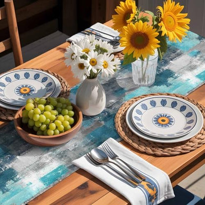 Teal Grey Abstract Art Table Runner Dresser Scarf 13 x 72 Inch Modern Turquoise Color Block Graffiti Table Runners Non-Slip Heat Resistant Kitchen Dining Table Decor for Home Holidays Indoor Outdoor