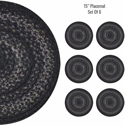 Homespice Jet Black Jute Braided Placemats, Round 15" Set of 6