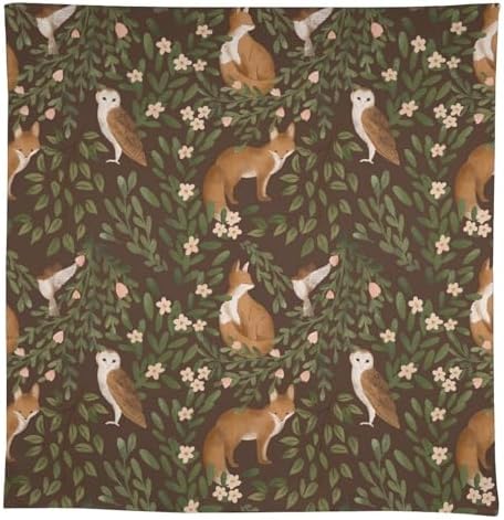 Woodland Animals Tablecloth, Rustic Forest Fox Owl Bird Green Plants Leaves Print Table Cover for Farmhouse Kitchen Dinning Indoor Outdoor Party Decor 60x110in