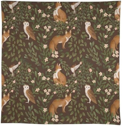 Woodland Animals Tablecloth, Rustic Forest Fox Owl Bird Green Plants Leaves Print Table Cover for Farmhouse Kitchen Dinning Indoor Outdoor Party Decor 60x110in