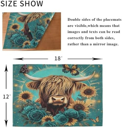 ALAZA Highland Cow Butterfly Rose 1 PC Placemats Rectangle Table Mat for Dining Table Restaurant Kitchen Home Decor, 12" x 18"