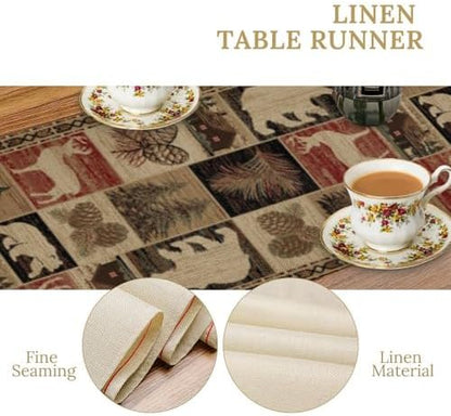 Rustic Bear Table Runner, Vintage Cottage Country Style Pine Tree Elk Wildlife Dinner Runner for Home Kitchen Dining Table Decoration 13"x120"