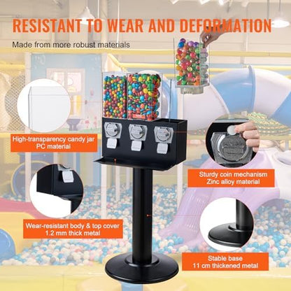 VEVOR Commercial Vending Machine, Triple Compartment Candy Dispenser with Iron Stand, Gumball and Candy Machine for Business, Coin Operated Gumball Bank for Toy Capsules Bouncy Balls Candy Nut, Black
