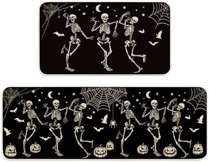 JarThenaAMCS Halloween Skeleton Kitchen Mats Spider Pumpkin Bat Welcome Floor Mat Non-Slip Black Door Rugs for Indoor Outdoor Bathroom, 17 x 29 Inch & 17 x 47 Inch