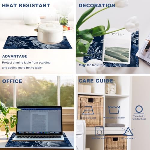 Batmerry Cute Kangaroo Linen Placemats Set of 4, Navy Blue with Plants Washable Table Mats for Kitchen Table Thickened Heat Insulation Dining Set Indoor Outdoor 12X18 in