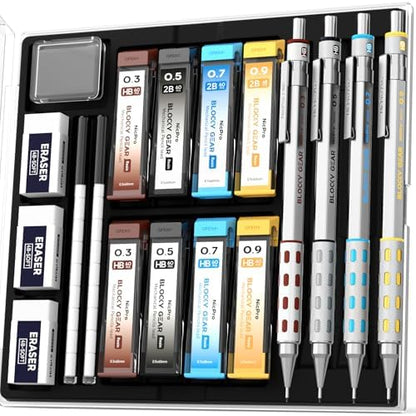 Nicpro 4 Pack Blocky Gear 0.3/0.5/0.7/0.9 mm Metal Mechanical Pencils Set
